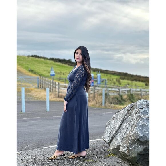 ⚡Blue Women Fall Maxi Dress 2025 Lace Long Sleeve V Neck Wrap Dress with Pockets - Picture 2 of 4